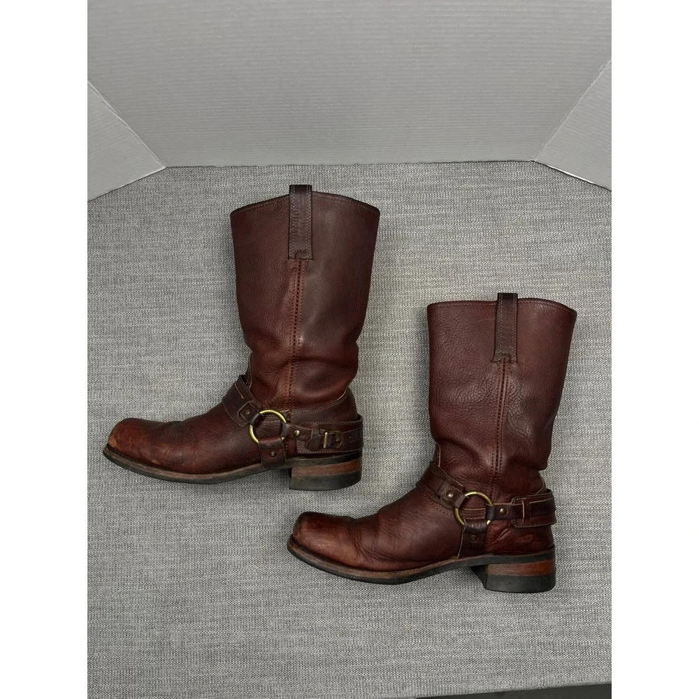 Frye Harness 12R Boots Mens 11 Brown Leather Biker Western Square Toe Distressed